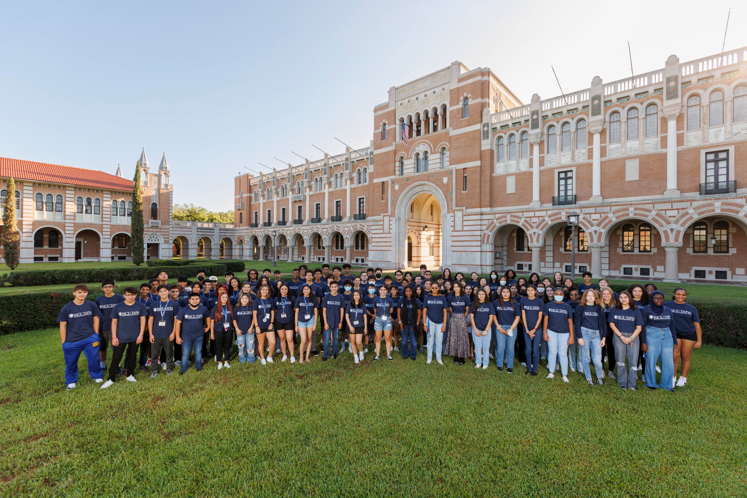 Over 100 Tapia campers pose in front of Lovett Hall on the Rice University campus.