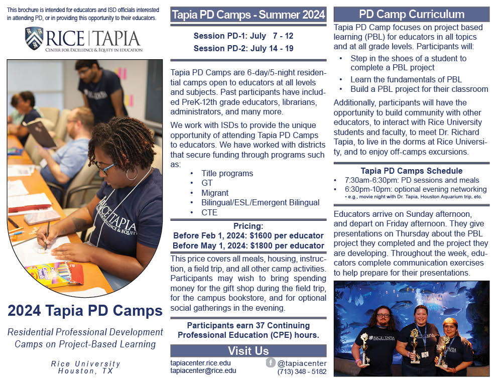 Brochure of Tapia PD Camps for educators. Includes titles: Tapia PD Camps- Summer 2023, and PD Camp Curriculum.