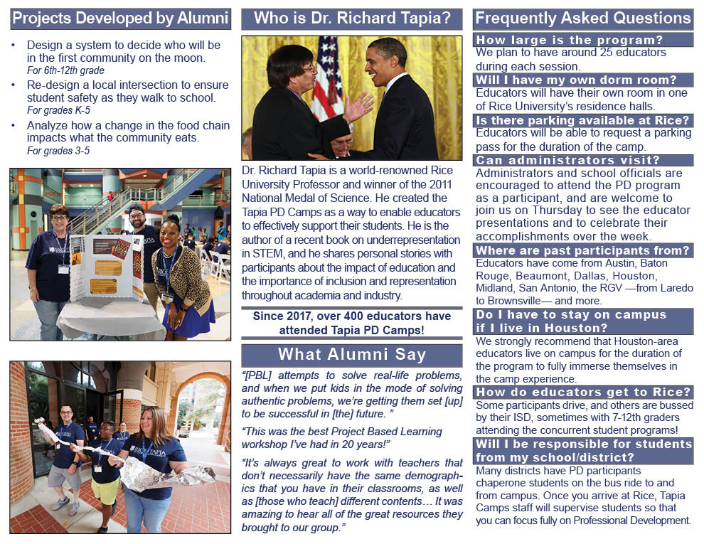 Brochure of Tapia PD Camps for educators. Includes titles: Projects Developed by Alumni, Who is Dr. Richard Tapia?, What Alumni Say, and Frequently Asked Questions.