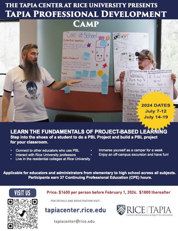 Brochure of Tapia PD Camps for educators. Includes titles: Tapia PD Camps- Summer 2023, and PD Camp Curriculum.