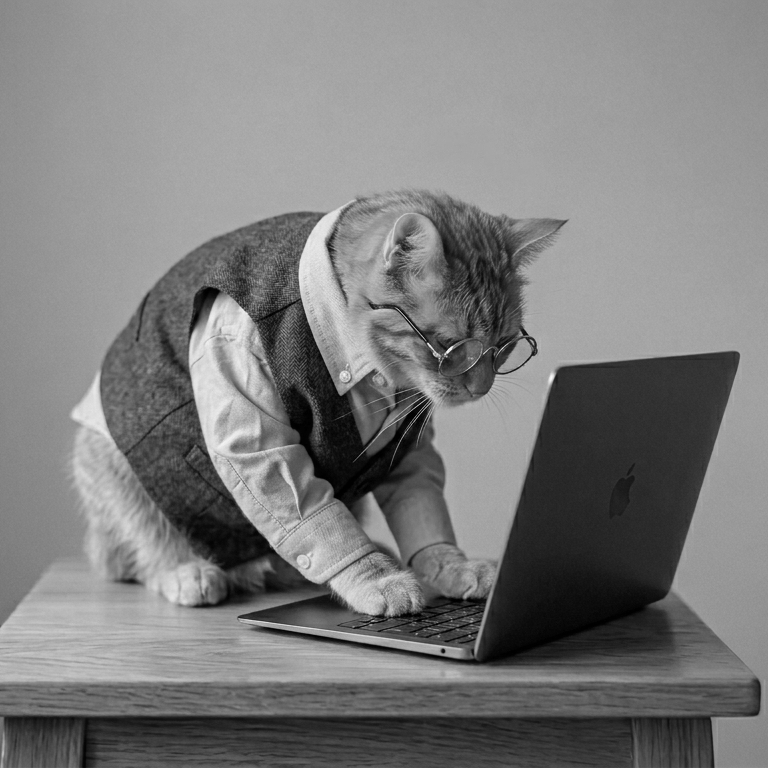 AI-generated image of a cat in glasses typing on a laptop