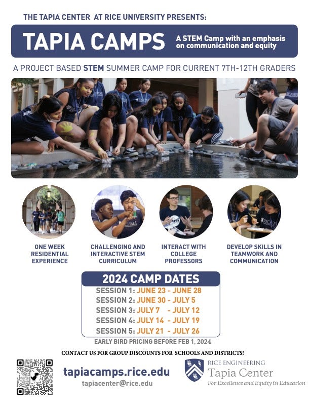 Brochure of Tapia PD Camps for educators. Includes titles: Tapia PD Camps- Summer 2023, and PD Camp Curriculum.